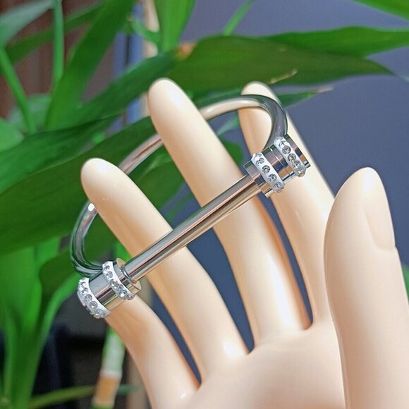 Titanium Steel Bangle, Simulated Diamond Accents, Screw Cuff Style. - Picture 1 of 5